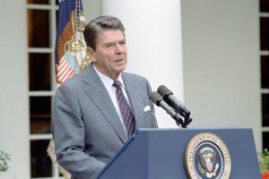 President Ronald Reagan making a statement to the press regarding the air traffic controllers strike